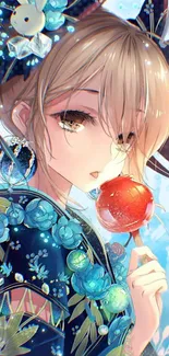 Anime girl with floral kimono and lollipop art.