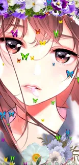 Anime girl with floral crown and butterflies.