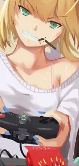 Anime girl enjoying video games with vibrant colors