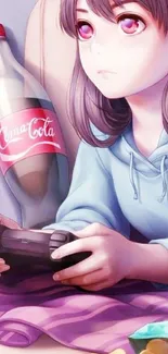 Anime girl with controller and bottle, pastel hues.