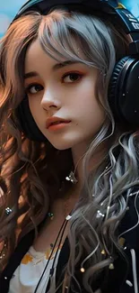 Anime girl with headphones, digital art wallpaper.