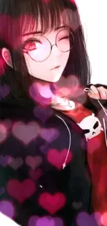 Anime girl with glasses and pink heart design, wearing a hoodie.