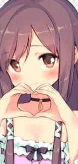 Cute anime girl with brown hair making a heart gesture.