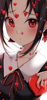 Anime girl with red hearts wallpaper, perfect for mobile background.