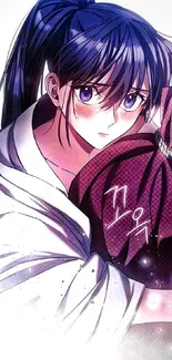 Anime girl with purple hair holding a patterned bundle with a thoughtful expression.