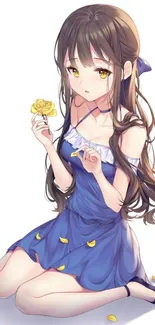 Anime girl in blue dress holding a yellow rose.