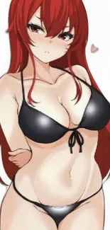 Anime girl with red hair in a black bikini on a minimalistic background.