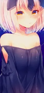 Anime girl with violet blue background, in a black dress.