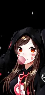 Anime girl blowing bubblegum in black hoodie with stars.