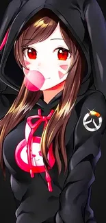 Anime girl in black hoodie with bubblegum pop.