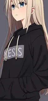 Anime girl with long blonde hair in a black hoodie on a gray background.