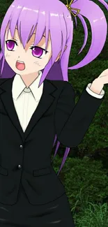 Anime girl with purple hair in a black suit with green background.