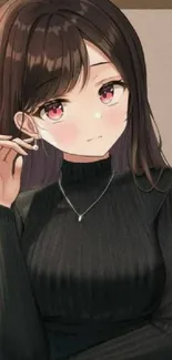 Anime girl with bright eyes in a black sweater.