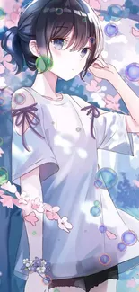 Anime girl in white dress with cherry blossoms.