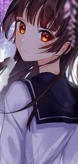 Anime girl in sailor uniform with purple blossoms background.