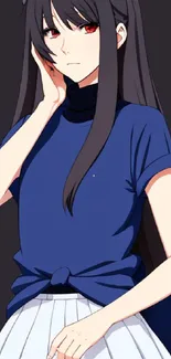 Anime girl in blue shirt with dark hair and red eyes on a dark background.