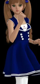 Anime girl in a blue dress on black background.