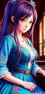 Anime girl in blue dress with intricate details.