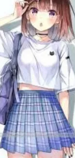 Anime girl with a blue plaid skirt and white top, holding a purple backpack.