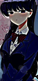 Anime girl in a dark blue suit with mysterious expression.