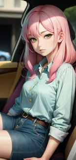 Pink-haired anime girl sitting in a car.