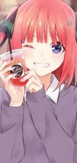 Anime girl with red hair holding a drink, smiling playfully in a casual setting.