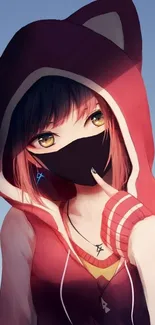 Anime girl in red cat ear hoodie and mask.