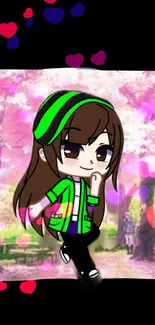 Anime girl in green with cherry blossoms and colorful hearts.