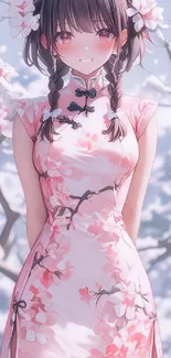 Anime girl in a cherry blossom dress.