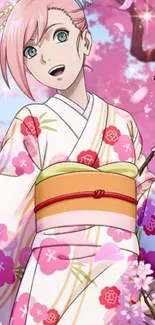 Anime girl in pink floral kimono with cherry blossoms.