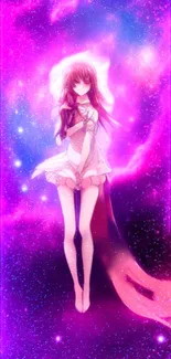 Anime girl in a vibrant cosmic setting with a purple glow.