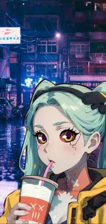 Anime girl sipping drink in neon city background.