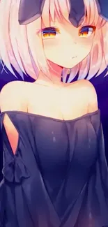 Anime girl in dark dress with luminous background.