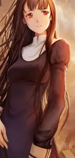 Anime girl with flowing hair in warm, dramatic lighting.