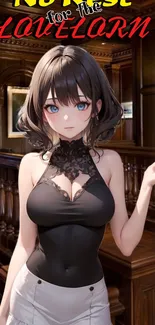 Anime girl in black lace top with wood-paneled background.