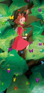 Anime girl in a lush green forest with colorful butterflies.