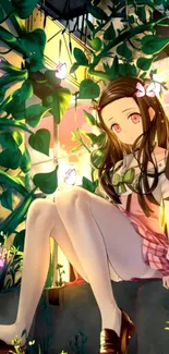 Anime girl in a vibrant garden with glowing butterflies.