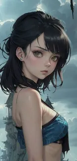 Anime girl with dark hair in a fantasy setting, sky blue background.