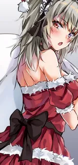 Anime girl in festive red outfit with cat ears and Santa hat.