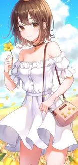 Anime girl in a white dress holding flowers in a bright, sunlit field.