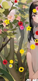 Anime girl standing in vibrant floral garden.