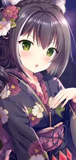 Anime girl in floral kimono with dark purple background.