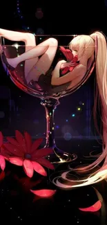 Anime girl with long hair resting in glass cup surrounded by flowers.