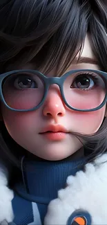 Anime girl with glasses, blue-gray theme.