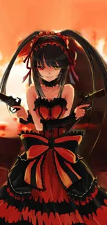 Anime girl in gothic dress with dual pistols and fiery background.