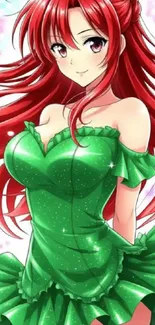 Anime girl with red hair in a green dress