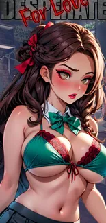 Anime girl in green dress with red accents and long hair.