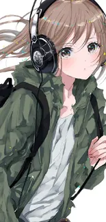 Anime girl with headphones in a green jacket and backpack.