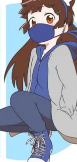 Anime girl wearing hoodie and mask with brown hair.