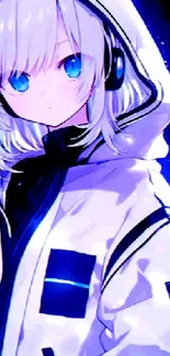 Anime girl with white hoodie and blue eyes.